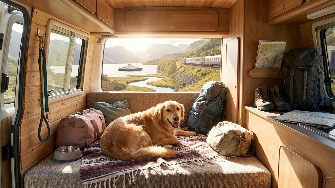 Voyager en van ou glamping avec son animal : astuces pour des trajets sereins (train, voiture, ferry)