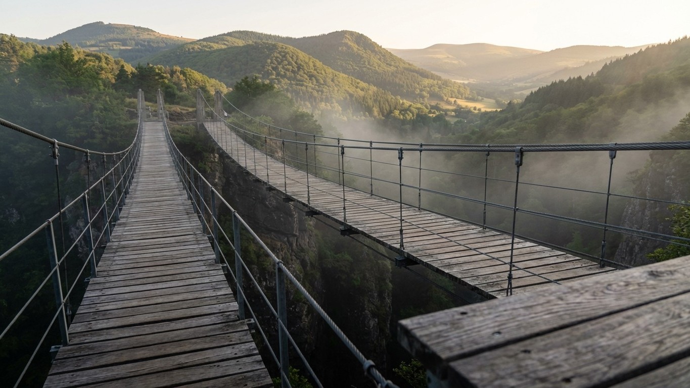 Ces ponts suspendus en pleine Auvergne font croire à l'Himalaya : j'y étais seul à 1 200 m d'altitude