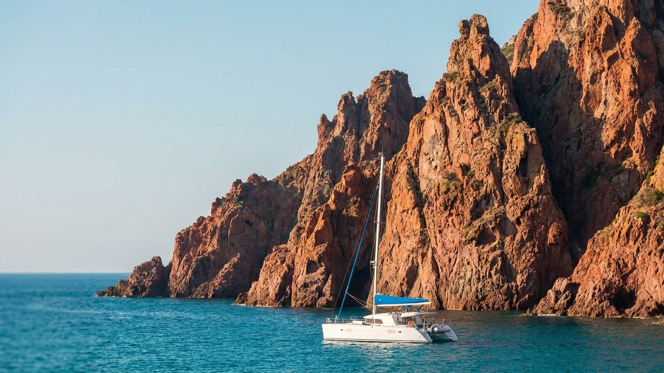 Fini la baignade au pied des falaises rouges de Scandola : en catamaran, une seule chose reste possible le long de la côte