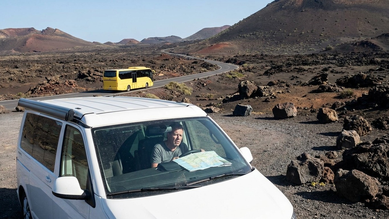 Fini la route des volcans de Lanzarote au volant de son van : au bout du parking, un seul véhicule a encore le droit de co...