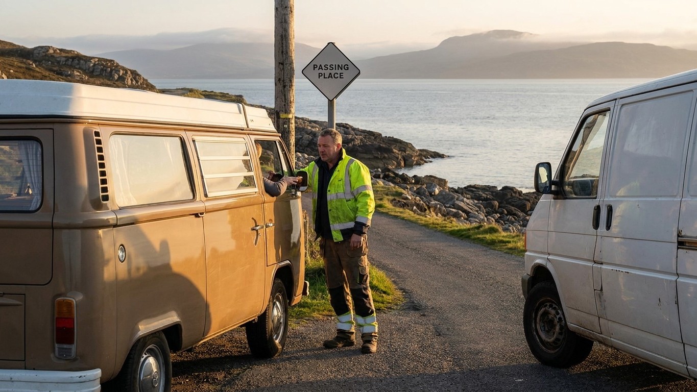 J'ai garé le van sur une petite aire de la North Coast 500 juste pour dormir face à la mer : à six heures du matin, on a t...