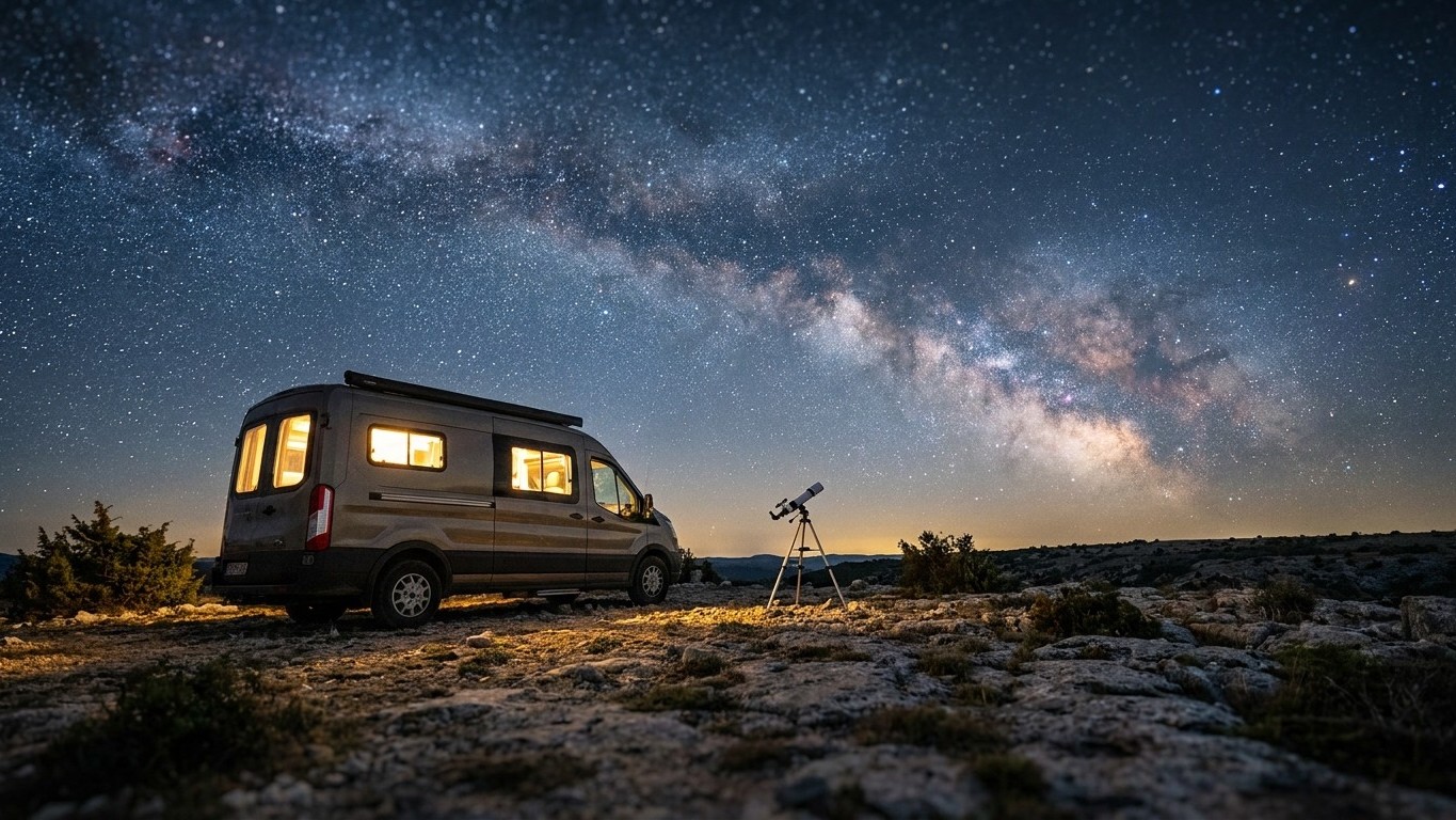 J'ai grimpé sur les causses du Quercy avec le fourgon juste pour photographier la Voie lactée : à l'extinction de l'éclair...